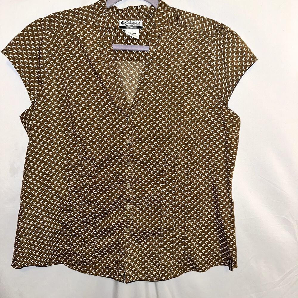 Columbia Spotswear Womens Brown White Bird pattern cap v neck sleeve XL Blouse